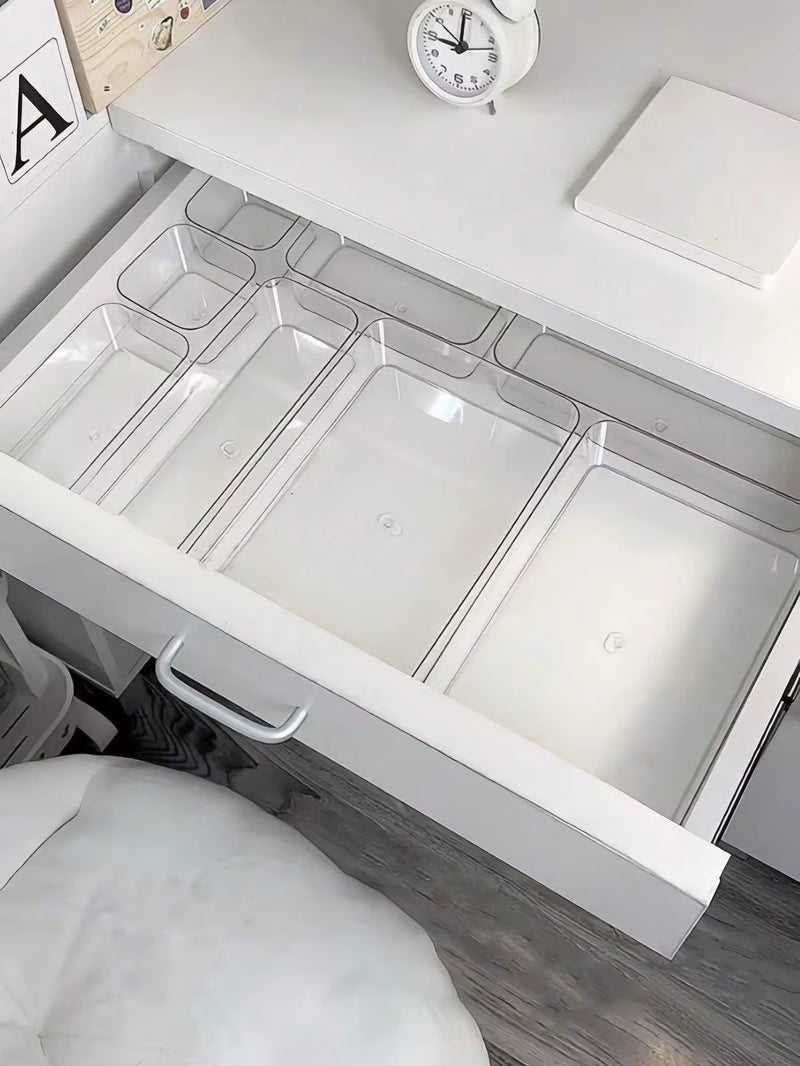 8pcs Transparent Acrylic Makeup Organizer Box With Drawers, Dividers And Compartments, Desktop Office Stationery Storage Box, Home Desk And Drawer Organizer