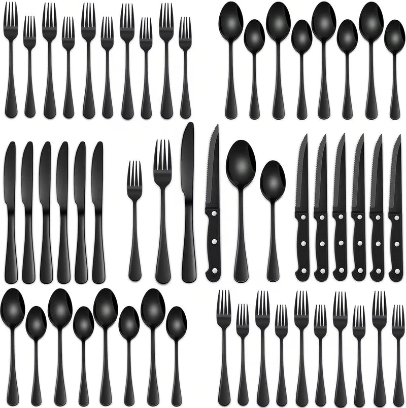 24/48 Pieces Black Stainless Steel Silverware Sets With Steak Knives Service For 8,Includes Knife Spoon And Fork Eating Utensils Set For Kitchen,Flatware Sets For Hotel And Restaurant