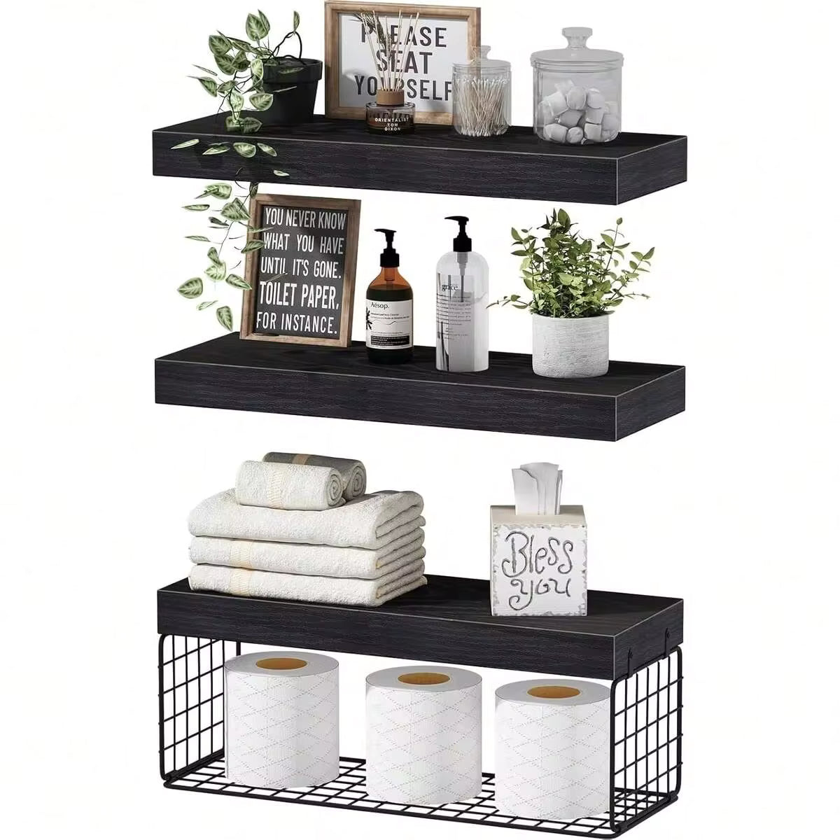 Bathroom Shelves Over Toilet - Wall Mounted Floating Shelves Toilet Paper Storage Small Farmhouse Decor Shelf 16 Inch Set Of 3, Black