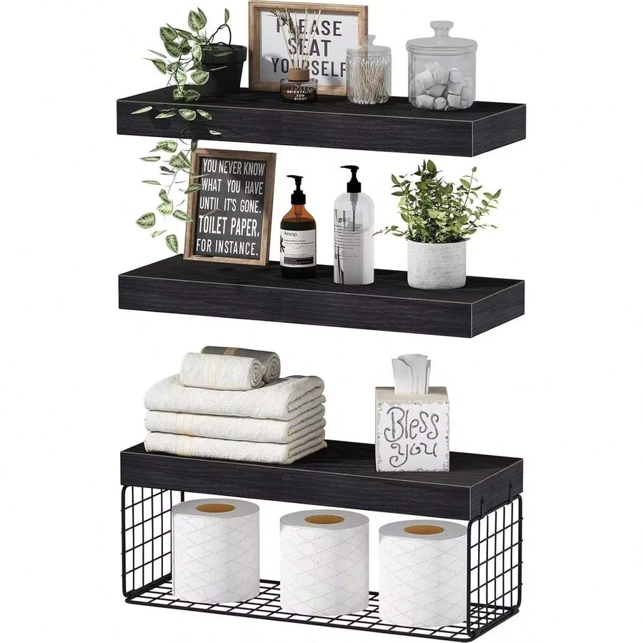 Bathroom Shelves Over Toilet - Wall Mounted Floating Shelves Toilet Paper Storage Small Farmhouse Decor Shelf 16 Inch Set Of 3, Black